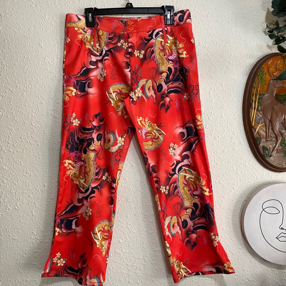 Vintage Octavia Oscar De La Renta Red Dragon Print Flare‎ Leg Pants Women's L 33